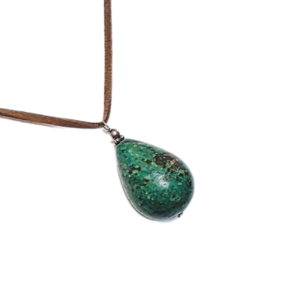 Green Jasper Teardrop Pendant Necklace on Brown Leather Cord Artisan Style NWOT - Picture 5 of 6